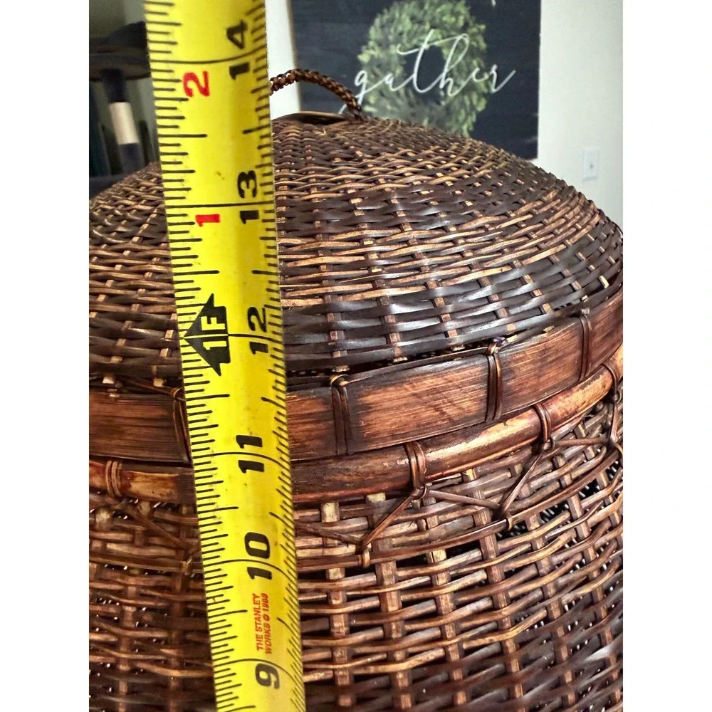 Vintage Hand Woven Bamboo Basket with Lid Dark Brown Boho Decorative Storage 14